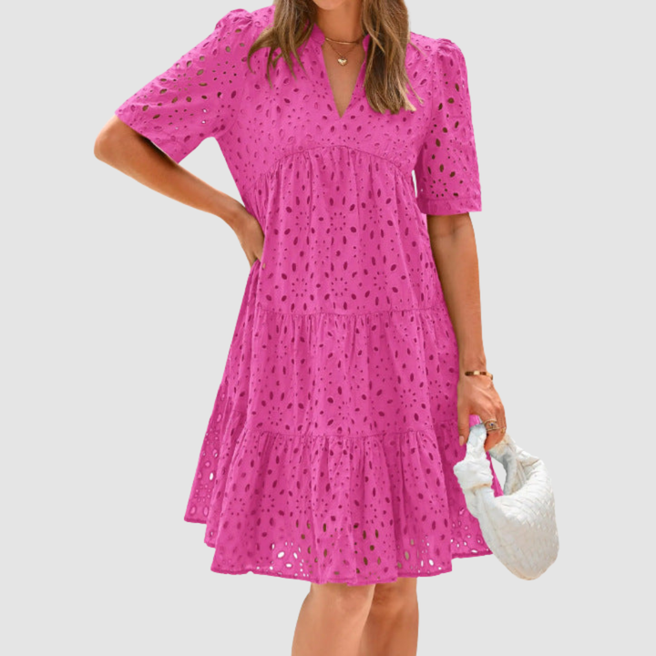 Fuchsia pink V-neck tiered babydoll summer dress, short sleeves, dotted pattern.