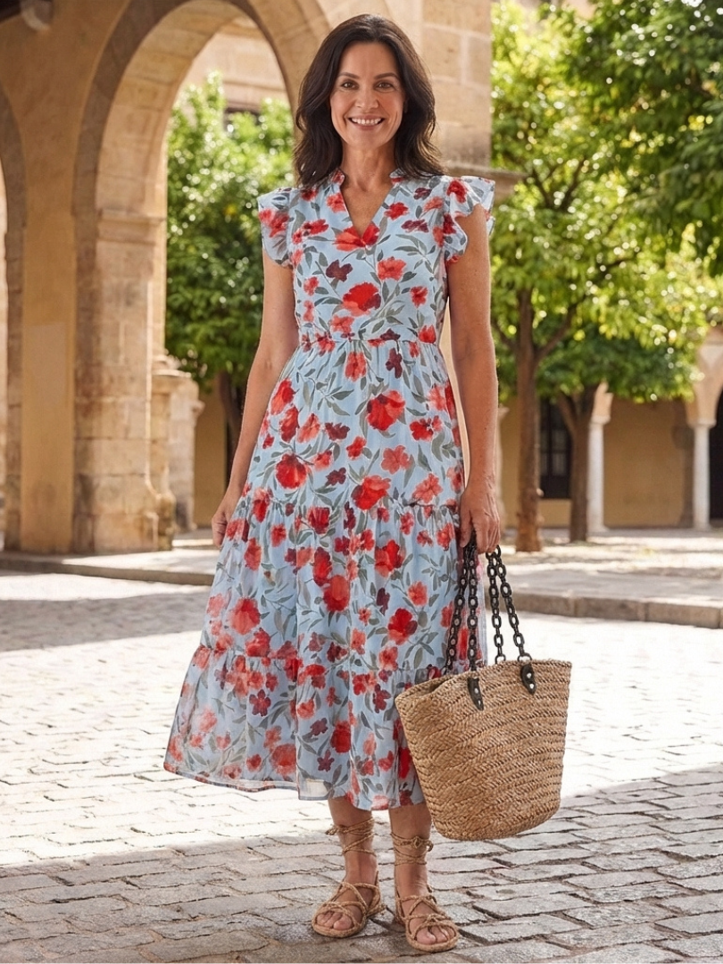 Floral V-neck tiered midi dress outdoors, light blue base with red and coral flower print