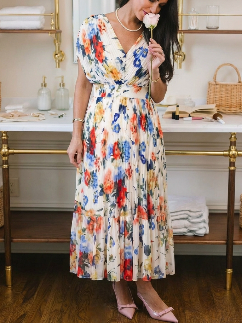 Floral pleated midi dress with short sleeves, V-neck; close-up with necklace and heels