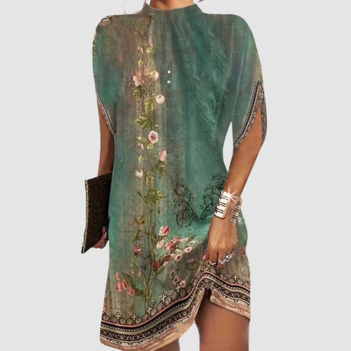 Green floral print short sleeve dress with high neckline and side slit hem