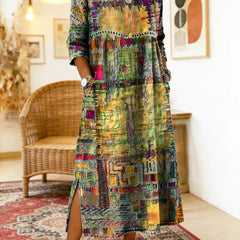Blue-toned multicolor patchwork ethnic dress with 3/4 sleeves and round neckline, slit
