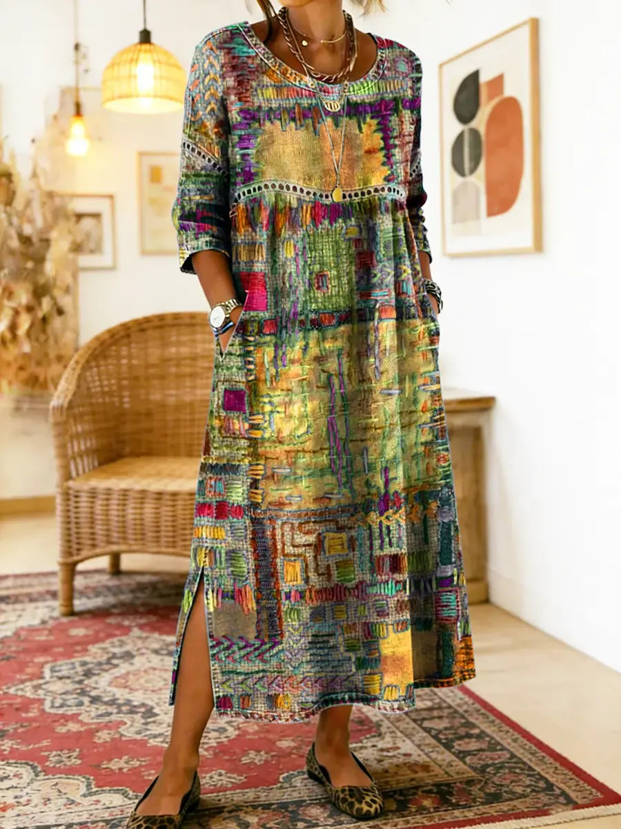 Blue-toned multicolor patchwork ethnic dress with 3/4 sleeves and round neckline, slit