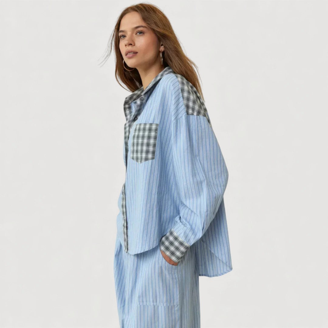 Relaxed pyjama set in blue: front-side view of button shirt and check-pocket trousers