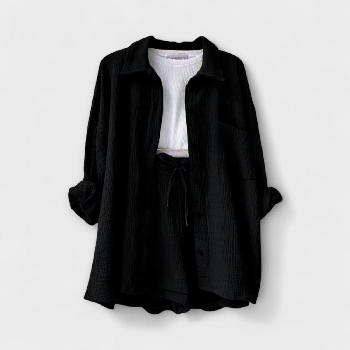 Black button-front top and drawstring shorts two-piece set