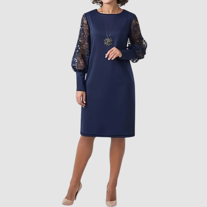 Dolly™ floral lace-trimmed dress, navy blue, round neckline, lace sleeves, straight knee length