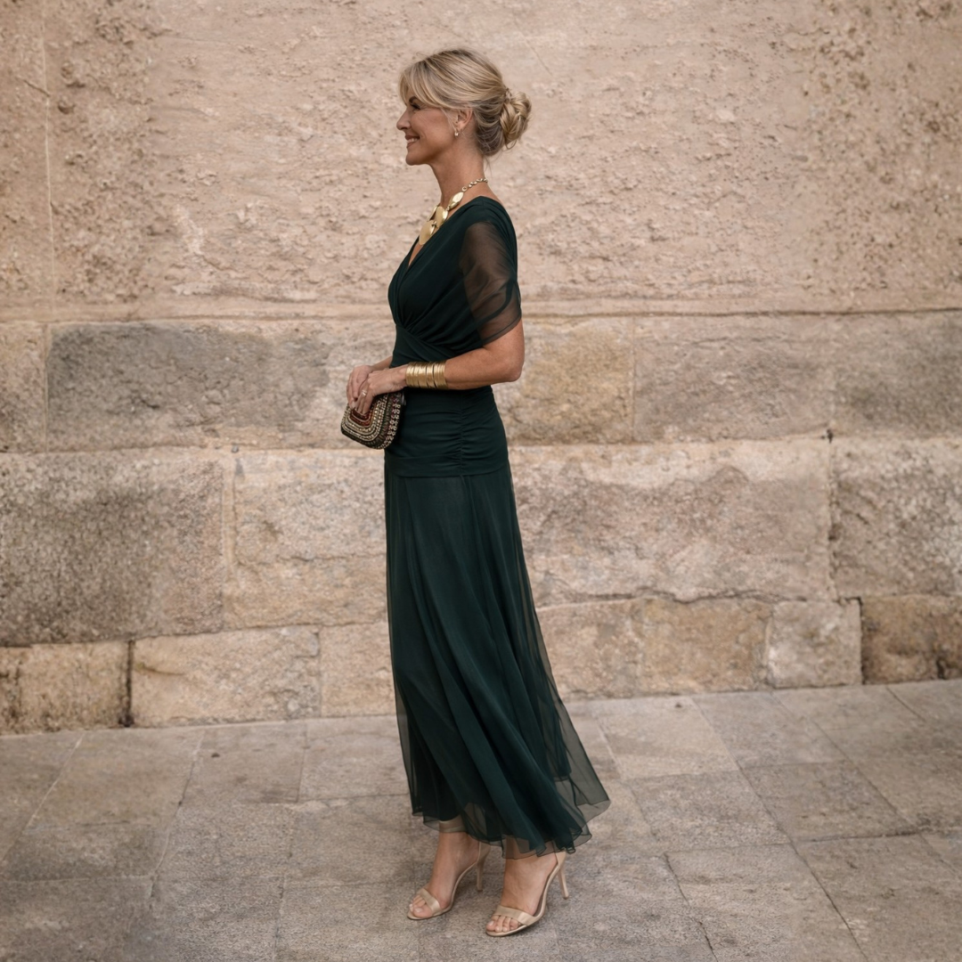 Lydia Off Shoulder maxi dress, dark green, draped off-shoulder silhouette and chiffon skirt