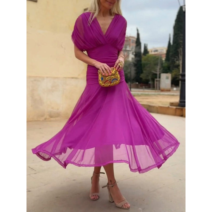 Purple mesh flower midi dress with V-neck and draped waist, full gathered skirt