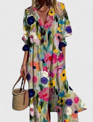 Ivory boho dress with colorful dot-and-floral print, V-neck and long sleeves
