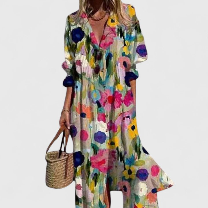 Ivory boho dress with colorful dot-and-floral print, V-neck and long sleeves