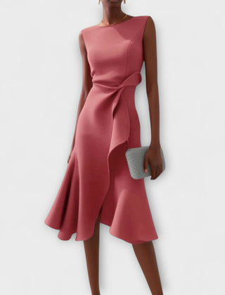 Pink draped asymmetric midi dress, sleeveless with knotted side detail and flared hem