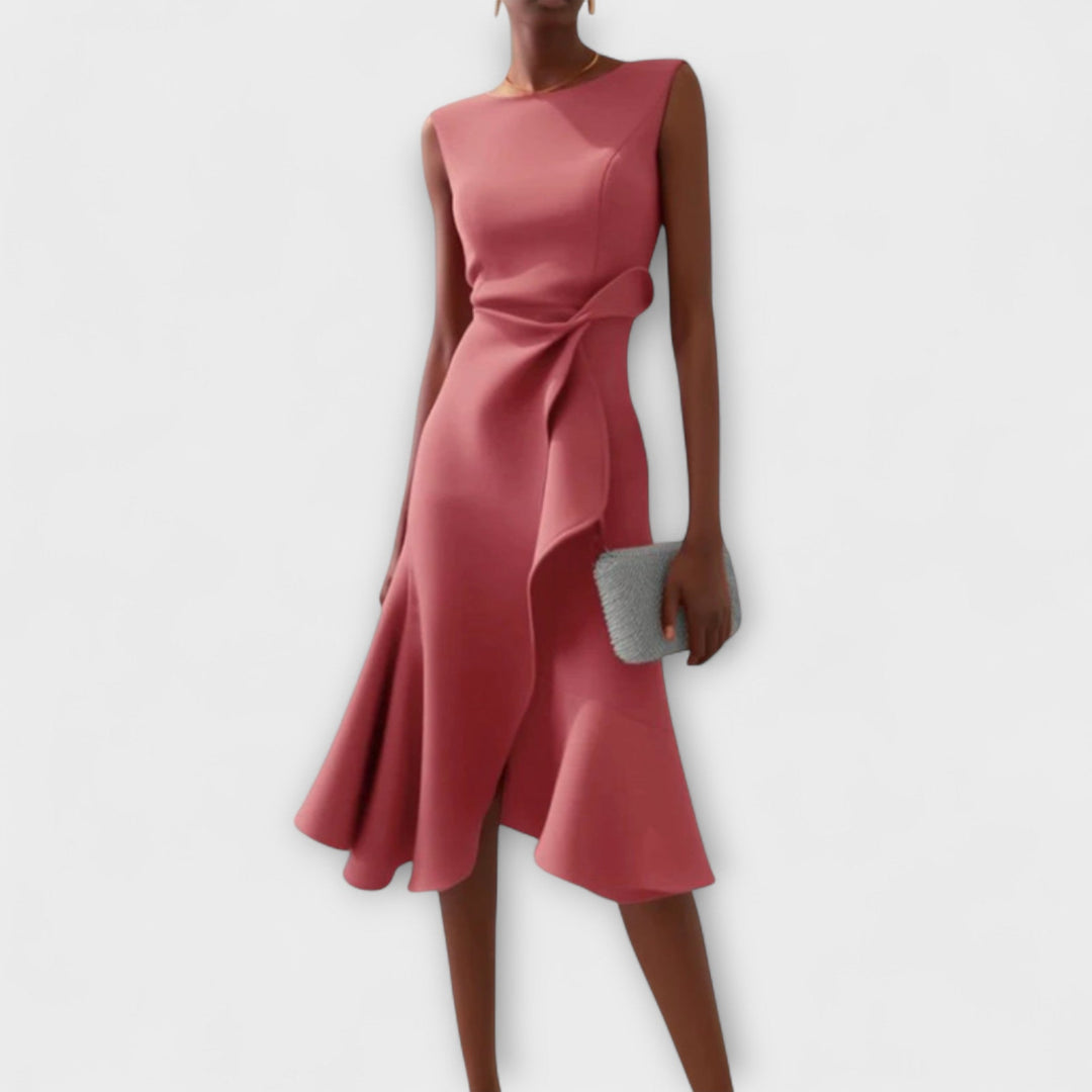 Pink draped asymmetric midi dress, sleeveless with knotted side detail and flared hem
