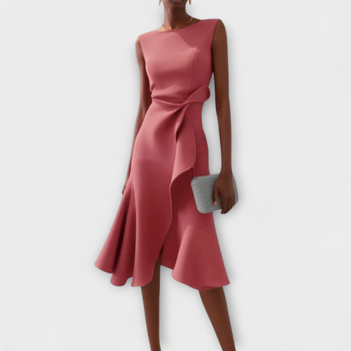 Pink draped asymmetric midi dress, sleeveless with knotted side detail and flared hem