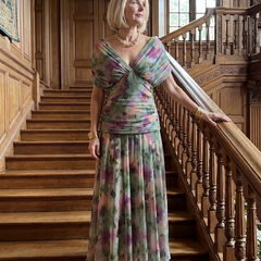 Off-shoulder flow midi dress in pastel multicolor watercolor print, ruched bodice