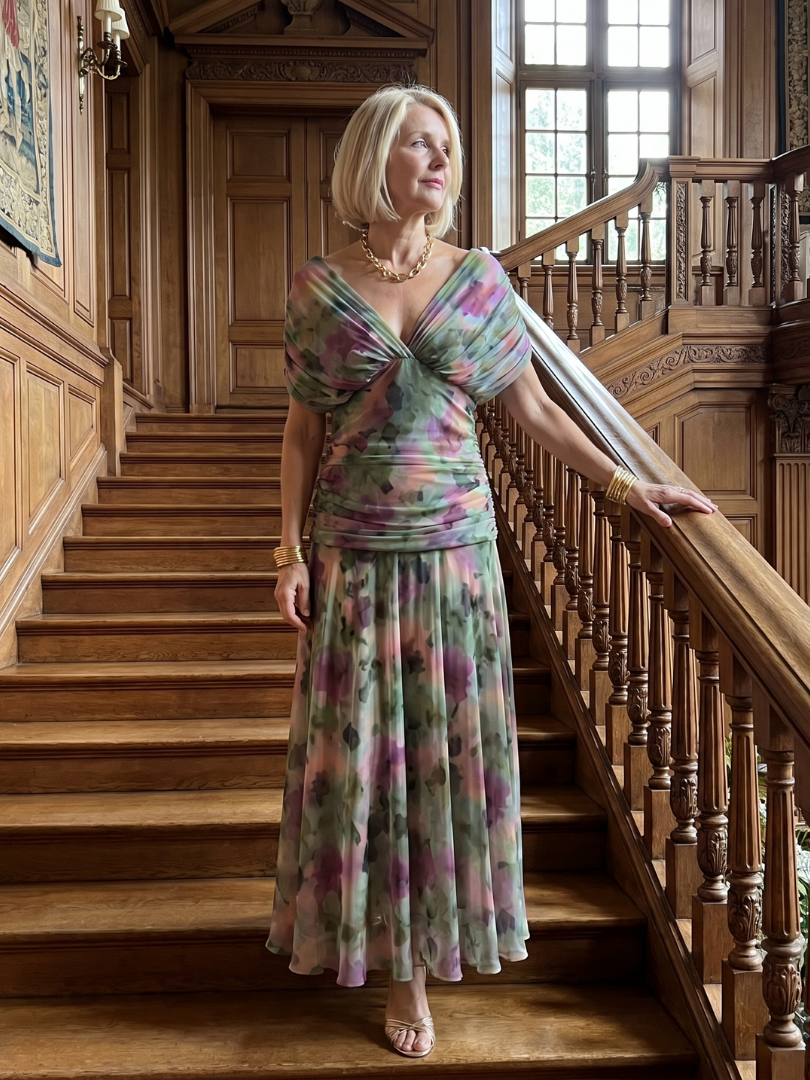 Off-shoulder flow midi dress in pastel multicolor watercolor print, ruched bodice