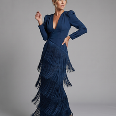 Navy long-sleeve V-neck midi fringe wrap dress with layered tassel skirt