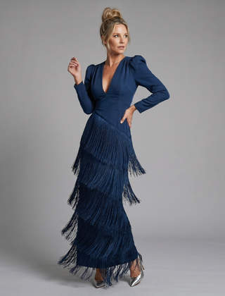 Navy long-sleeve V-neck midi fringe wrap dress with layered tassel skirt