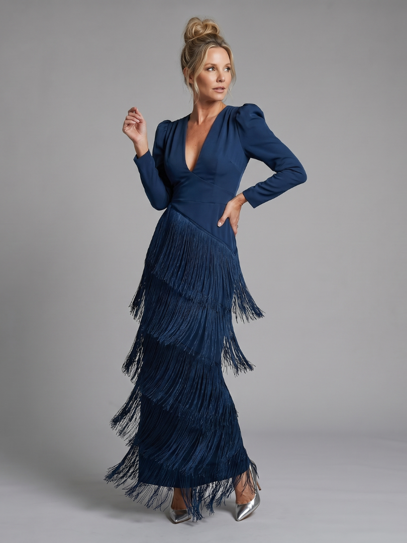 Navy long-sleeve V-neck midi fringe wrap dress with layered tassel skirt