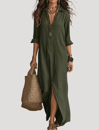 Green maxi shirt dress with button front, 3/4 sleeves, and side slit