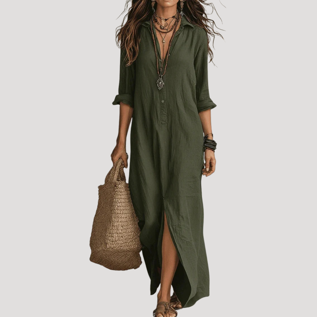 Green maxi shirt dress with button front, 3/4 sleeves, and side slit