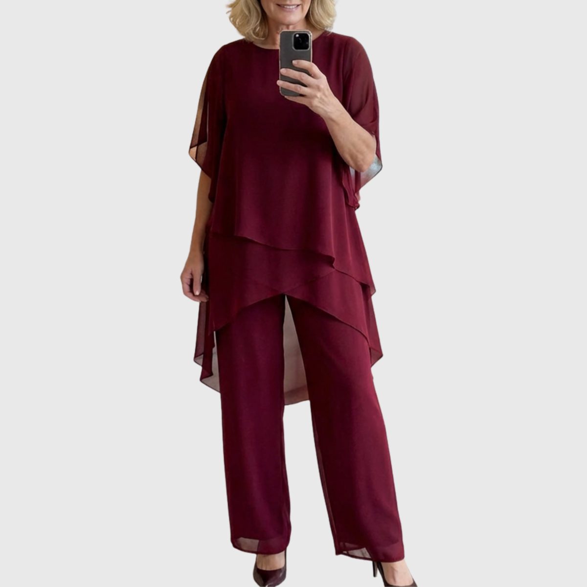 Maroon palazzo set with layered kaftan-style top and wide-leg trousers