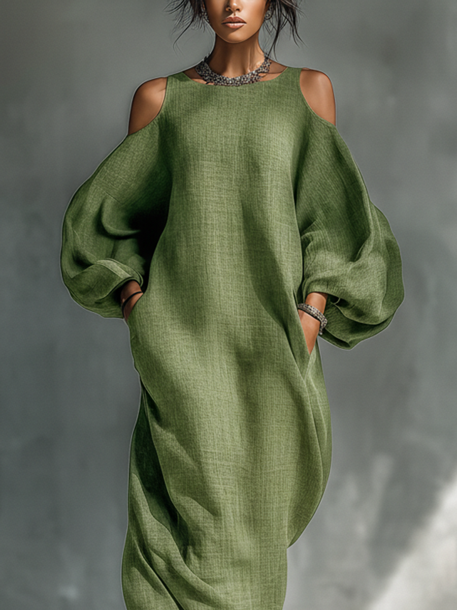 Olive green maxi dress with textured fabric, off-shoulder neckline, balloon sleeves