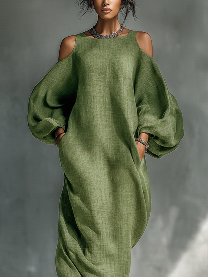 Olive green maxi dress with textured fabric, off-shoulder neckline, balloon sleeves