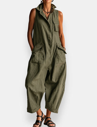 Olive green oversized sleeveless jumpsuit with open collar and patch pockets