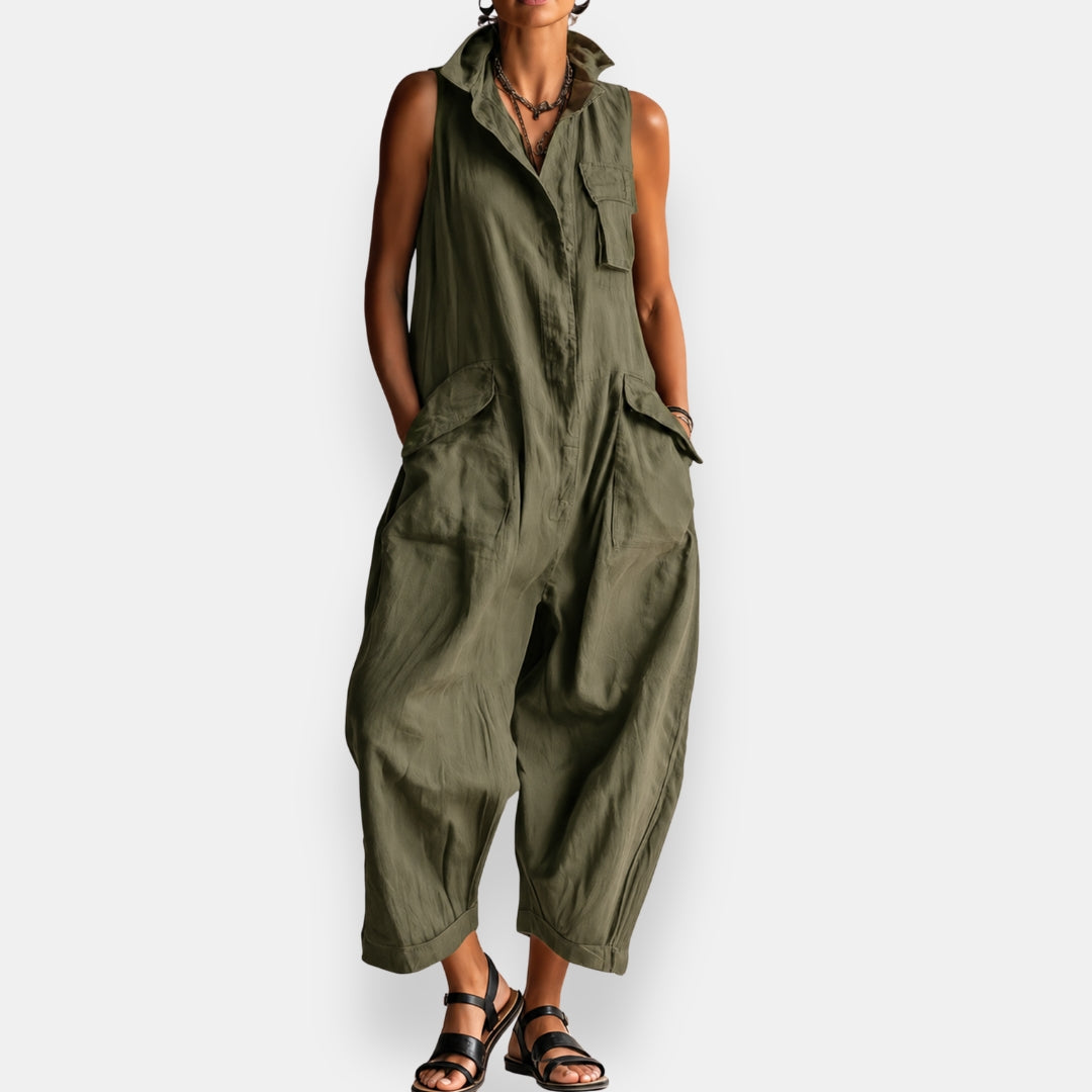 Olive green oversized sleeveless jumpsuit with open collar and patch pockets