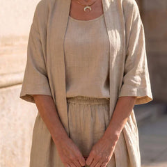 Lorrin™ elegant set in beige: open short-sleeve outer over square-neck top and pants