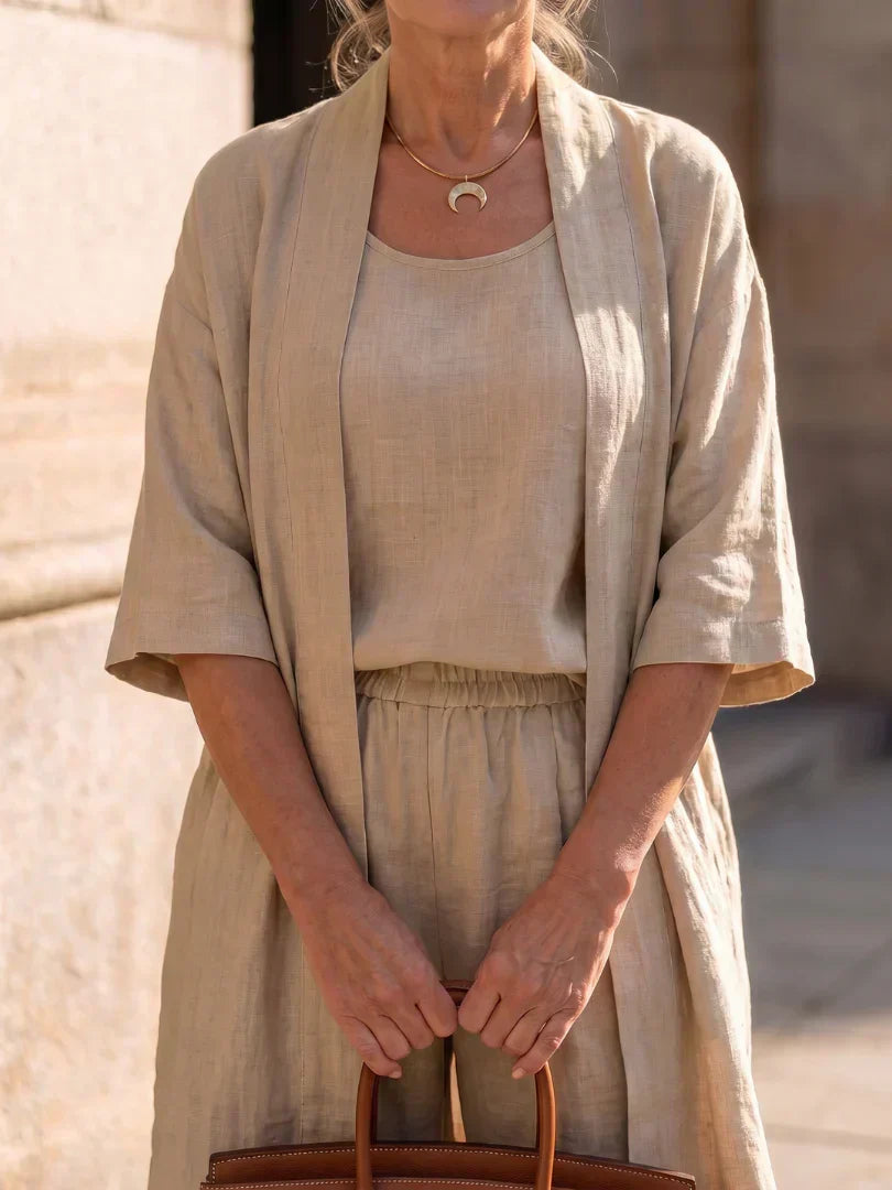 Lorrin™ elegant set in beige: open short-sleeve outer over square-neck top and pants