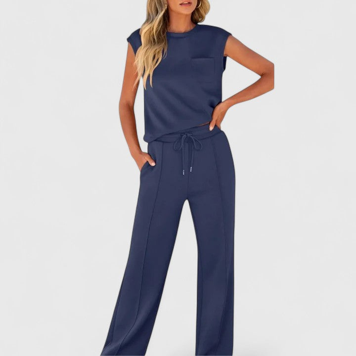 Navy blue sleeveless top and drawstring wide-leg pants set