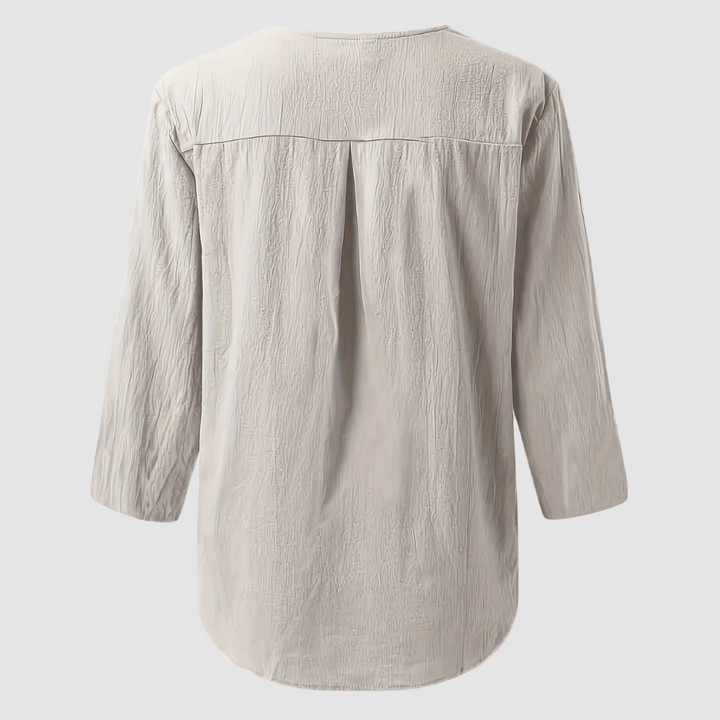 Light gray cotton-linen blouse, 3/4 sleeves, back pleated yoke