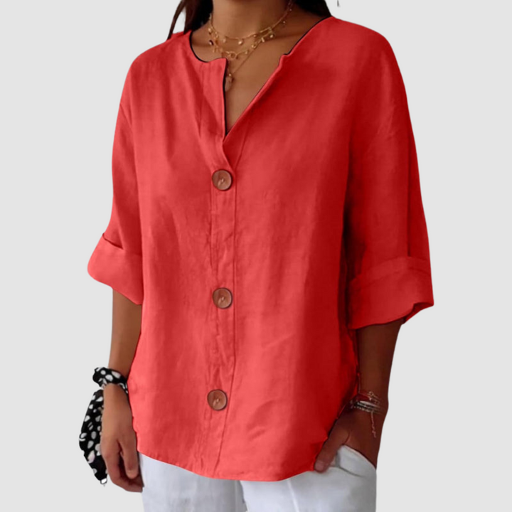 Red linen blouse with V-neck and button-front placket, short sleeves