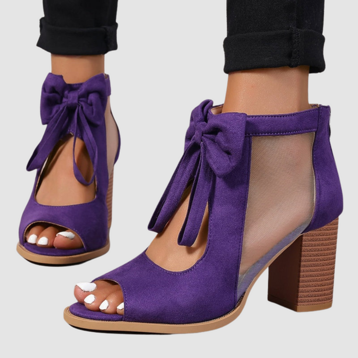 Women's orthopedic purple bow heels with mesh sides and peep toe, block heel