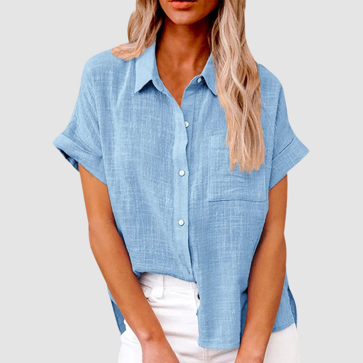 Sky blue button-front short-sleeve blouse with point collar and chest pocket