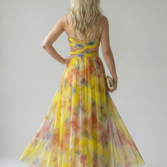 Soft wrap maxi dress back view with multicolor watercolor print and adjustable waist tie