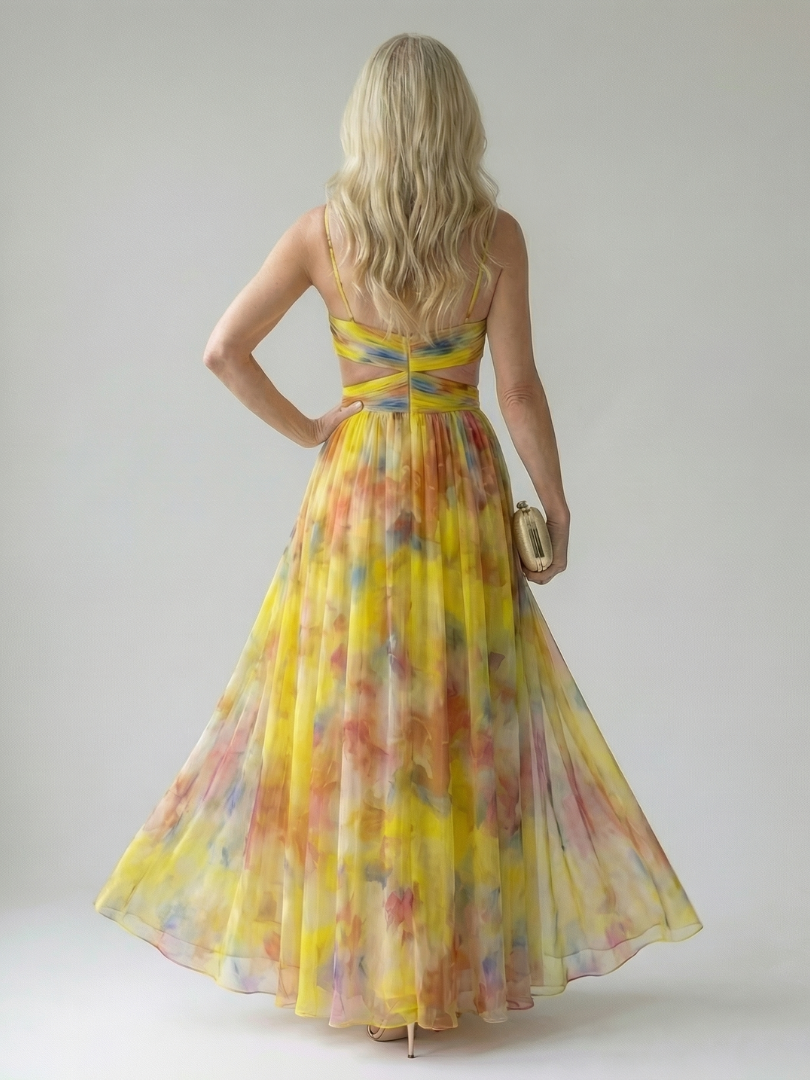 Soft wrap maxi dress back view with multicolor watercolor print and adjustable waist tie