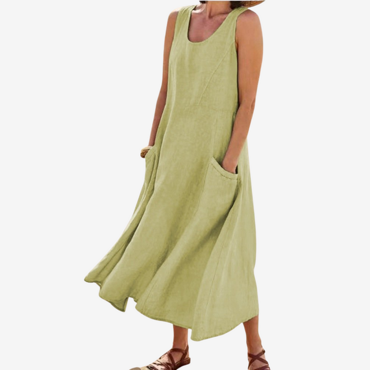 Sleeveless midi casual dress in light green with scoop neck and side pocket
