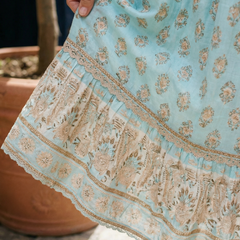 Light blue tiered dress hem detail with lace trim and floral border