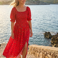 Red floral square-neck midi dress with puff sleeves and high side slit, full skirt