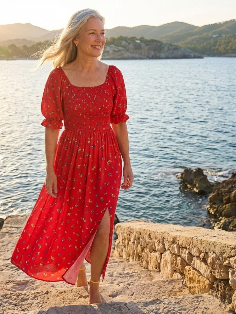 Red floral square-neck midi dress with puff sleeves and high side slit, full skirt