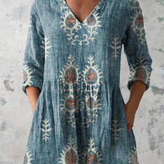 Blue long-sleeve V-neck embroidered blouse with gathered waist and ornate folk motifs