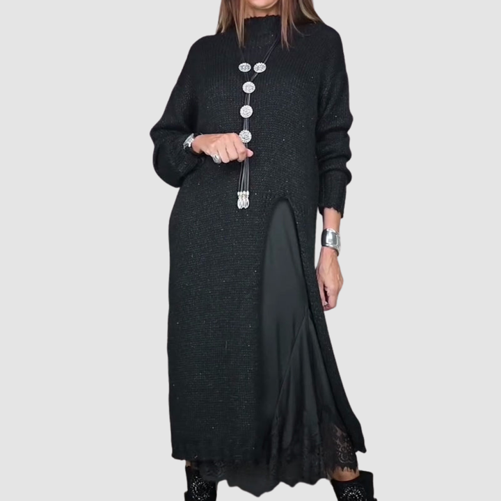 Black knit maxi dress set with long sleeves, high neck, draped side panel, lace trim