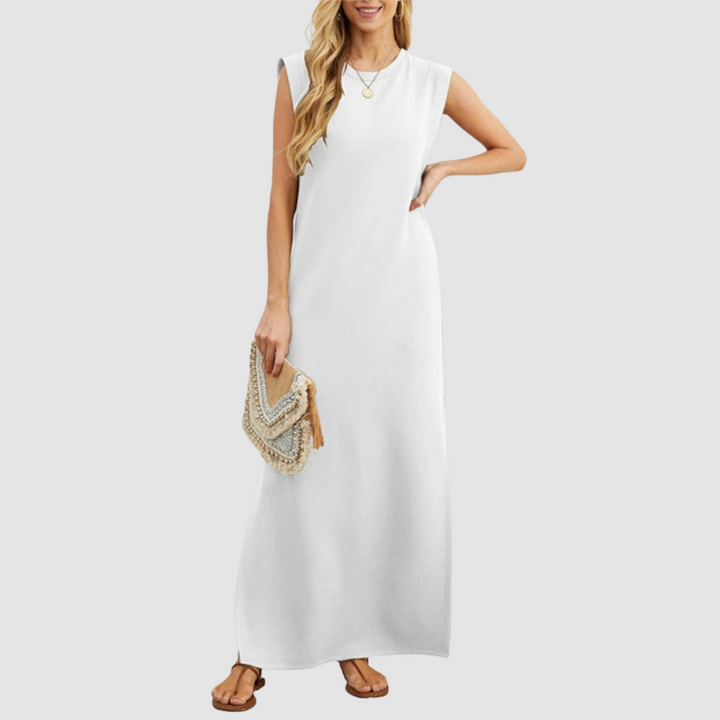 White sleeveless maxi dress with round neckline and small button detail