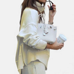 Women's light knit lounge set in off-white with crewneck sweater and slim pants