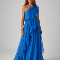 Blue one-shoulder maxi dress with layered ruffles and airy chiffon skirt