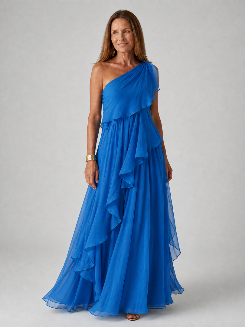 Blue one-shoulder maxi dress with layered ruffles and airy chiffon skirt