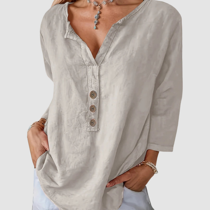 Light gray V-neck cotton-linen blouse with 3-button front placket, 3/4 sleeves