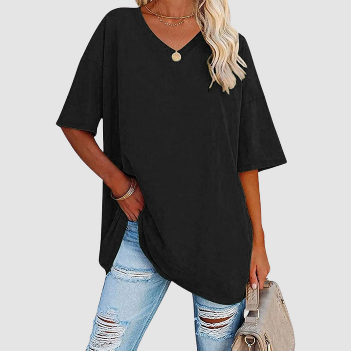 Black V-neck short-sleeve T-shirt with draped front knot