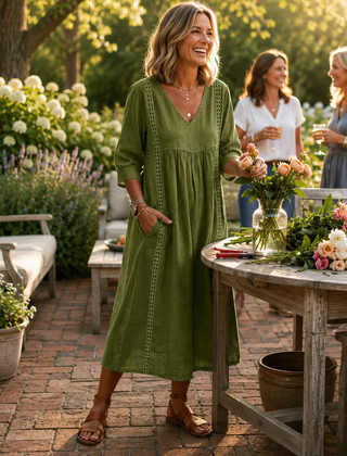 Army green lightweight maxi dress with ruched V-neck and 3/4 sleeves